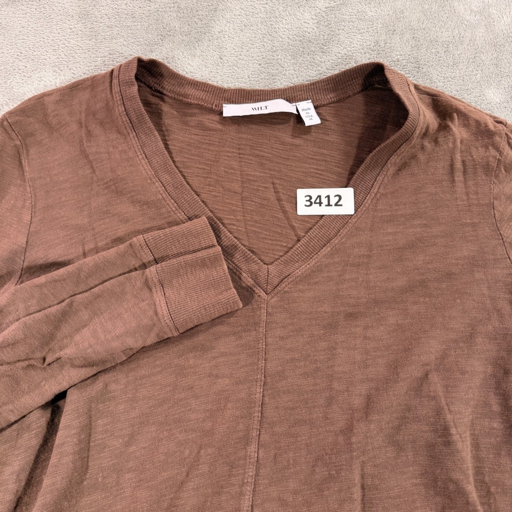 Wilt V-Neck Top Womens Medium Brown Long Sleeve Cotton Slub High Low Hem W033751